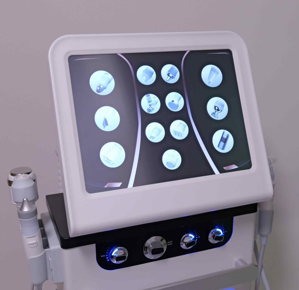 15-inch HD touchscreen display interface of professional hydro dermabrasion equipment showing treatment modes.