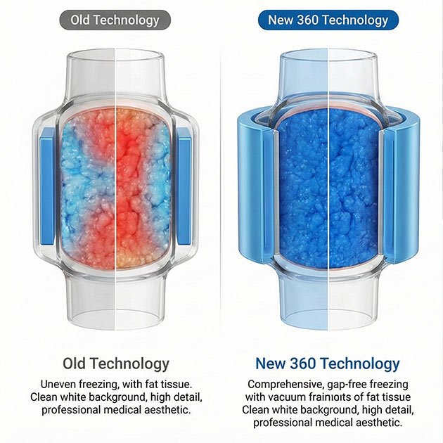 Comparison infographic: Old 2-plate cooling technology vs. new 360-degree surround cryolipolysis cup, showing uniform fat freezing coverage.