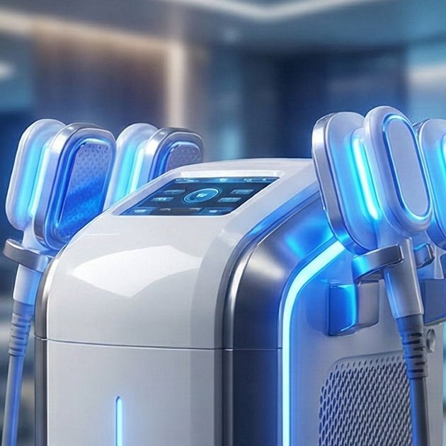 Professional cryolipolysis fat freezing machine with four handles working simultaneously, showing blue LED operating lights in a clinic setting.